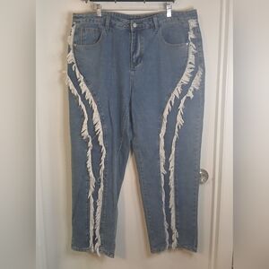 New! SHEIN Blue Frayed Straight Leg Women's Fringe High Rise Denim Jeans 2X NWOT